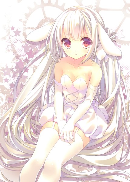 Anime picture 1665x2329 with original nametakenoko single tall image looking at viewer red eyes bare shoulders animal ears white hair girl thighhighs dress gloves white thighhighs elbow gloves white gloves