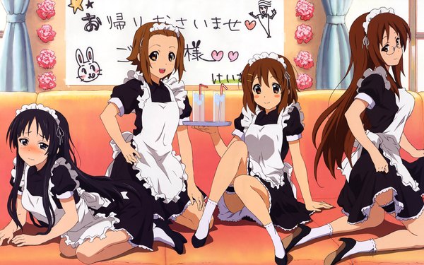 Anime picture 1920x1200 with k-on! kyoto animation akiyama mio hirasawa yui tainaka ritsu yamanaka sawako akitake seiichi blush highres light erotic wide image maid glasses