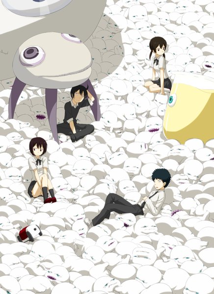 Anime picture 1200x1650 with cencoroll cenco yuki (cencoroll) shuu (cencoroll) kei (cencoroll) amamiya tetsu nagian tall image short hair black hair brown hair sitting twintails multiple girls brown eyes ahoge pleated skirt multiple boys short twintails group