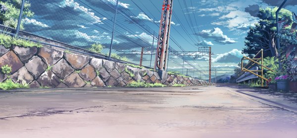 Anime picture 1544x720 with original gom jabbar wide image sky cloud (clouds) mountain no people landscape flower (flowers) plant (plants) tree (trees) grass wire (wires) fence power lines
