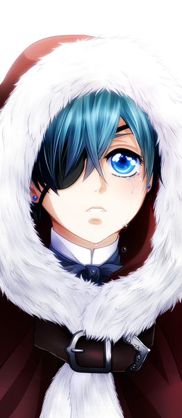 Anime picture 524x1200 with kuroshitsuji a-1 pictures ciel phantomhive hao-hime single tall image short hair blue eyes black hair simple background white background tears coloring boy earrings fur hood eyepatch