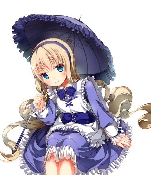 Anime picture 3444x4000 with alice in wonderland original alice (wonderland) tarao776 single tall image blush fringe highres blue eyes simple background blonde hair smile white background sitting holding absurdres bent knee (knees) very long hair wavy hair