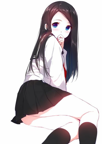 Anime picture 700x989 with original caidychen single long hair tall image looking at viewer blush blue eyes light erotic black hair simple background white background sitting bent knee (knees) red hair pleated skirt looking back arm support embarrassed finger to mouth