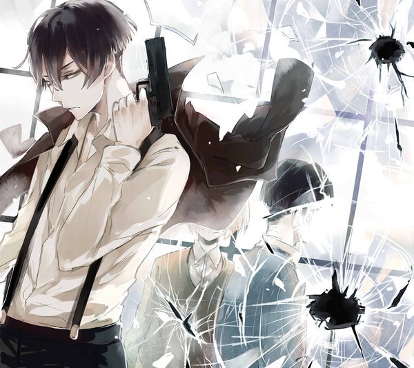 Anime picture 800x713 with 91 days avilio bruno luce lagusa bakaroringu fringe short hair black hair blonde hair smile hair between eyes standing holding upper body arm up multiple boys grey eyes clothes on shoulders broken glass boy weapon