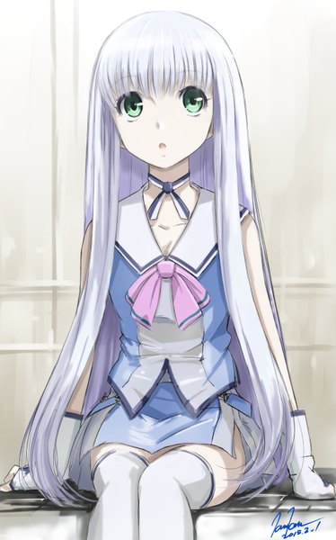Anime picture 1000x1602 with aoki hagane no arpeggio iona kem kem single long hair tall image looking at viewer open mouth sitting green eyes bent knee (knees) white hair white skin girl thighhighs skirt gloves bow white thighhighs white gloves