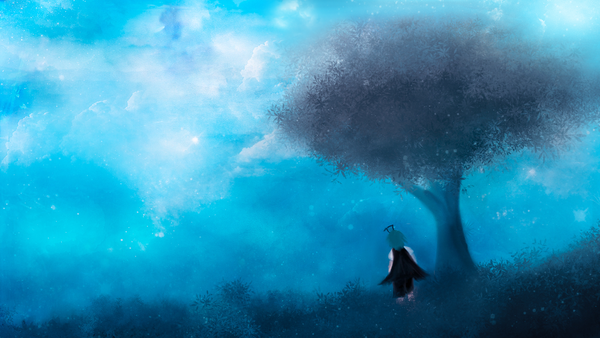 Anime picture 1360x768 with touhou wriggle nightbug akyuun single short hair wide image standing sky cloud (clouds) full body green hair from behind night antennae girl plant (plants) tree (trees) shorts cape