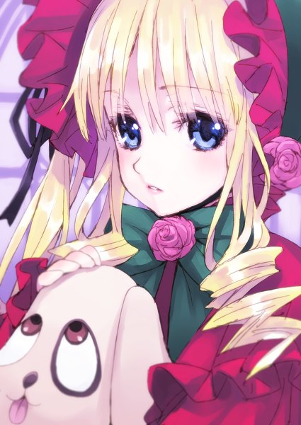 Anime picture 850x1200 with rozen maiden shinku kunkun matsuryuu single long hair tall image looking at viewer blue eyes blonde hair drill hair girl dress flower (flowers) ribbon (ribbons) frills rose (roses) stuffed toy doll (dolls) headscarf
