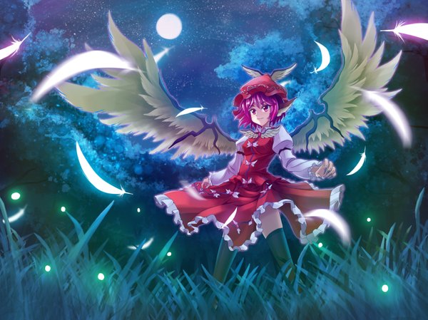 Anime picture 3149x2361 with touhou mystia lorelei shinebell single highres short hair purple eyes animal ears absurdres purple hair night girl thighhighs dress black thighhighs plant (plants) wings tree (trees) moon feather (feathers)