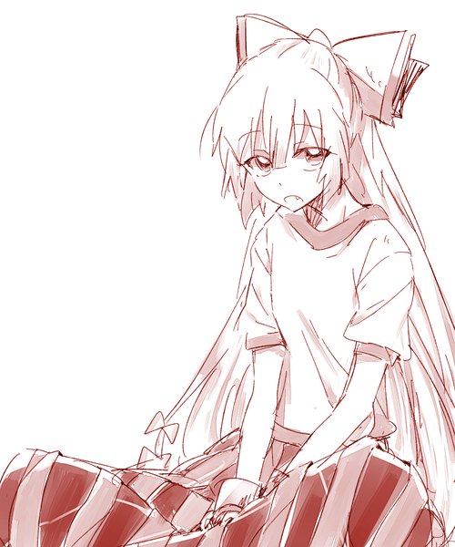 Anime picture 1000x1200 with touhou fujiwara no mokou six (fnrptal1010) single long hair tall image looking at viewer fringe open mouth simple background white background sitting looking away ponytail monochrome striped cosplay hoshiguma yuugi (cosplay) girl skirt