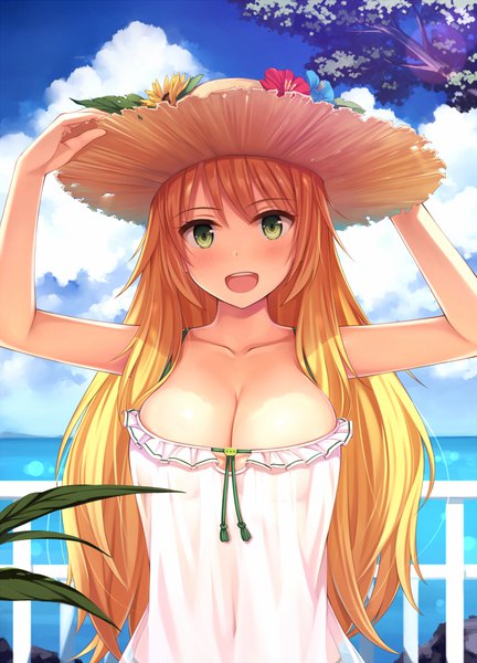 Anime picture 900x1250 with idolmaster hoshii miki yokaze japan single long hair tall image looking at viewer blush breasts open mouth light erotic blonde hair green eyes sky cleavage cloud (clouds) upper body summer girl dress