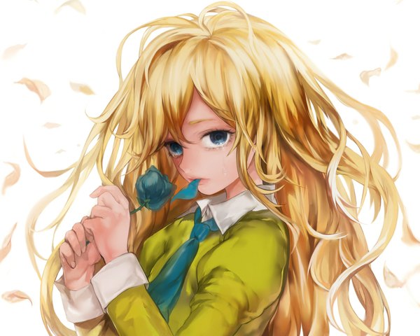 Anime picture 1850x1480 with ib (game) mary (ib) tcb (pixiv) single long hair looking at viewer fringe highres blue eyes blonde hair girl flower (flowers) shirt petals necktie rose (roses) blue rose