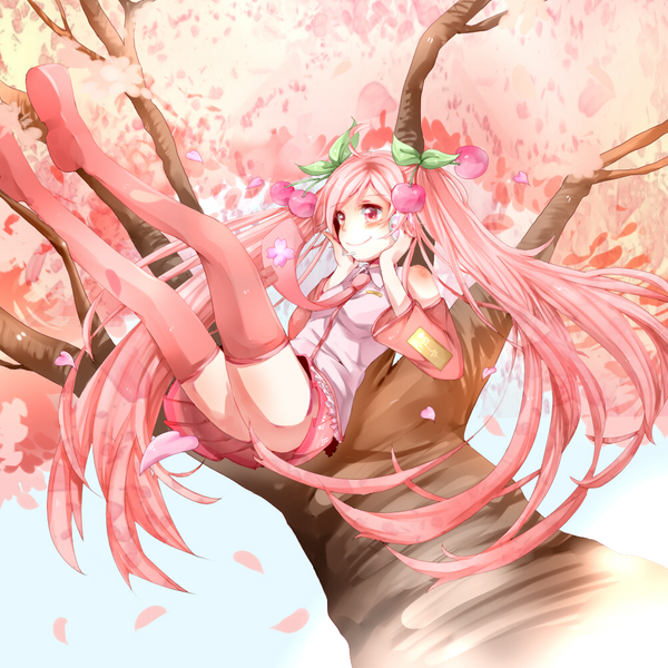 Anime picture 1000x1000 with vocaloid hatsune miku sakura miku single long hair blush red eyes twintails pink hair cherry blossoms girl thighhighs plant (plants) detached sleeves miniskirt petals tree (trees) necktie food berry (berries)