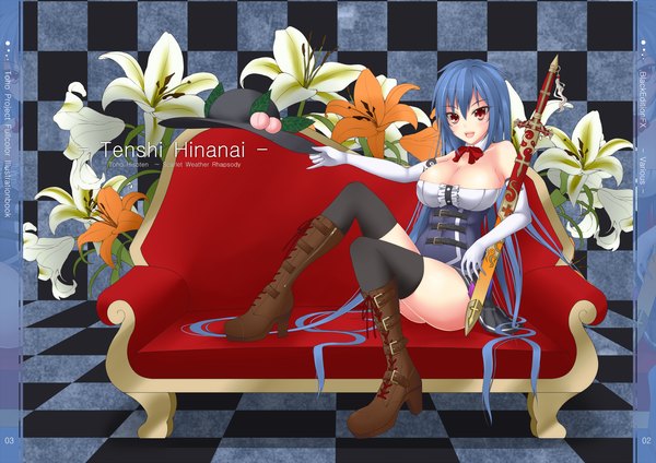 Anime picture 1500x1060 with touhou hinanawi tenshi gmot single long hair blush breasts open mouth light erotic red eyes large breasts blue hair cleavage checkered checkered background girl thighhighs dress gloves flower (flowers)