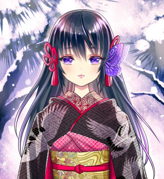 Anime picture 800x872 with original tamaki mitsune single long hair tall image looking at viewer blush fringe black hair hair between eyes purple eyes upper body traditional clothes japanese clothes lipstick floral print portrait winter snow pink lipstick