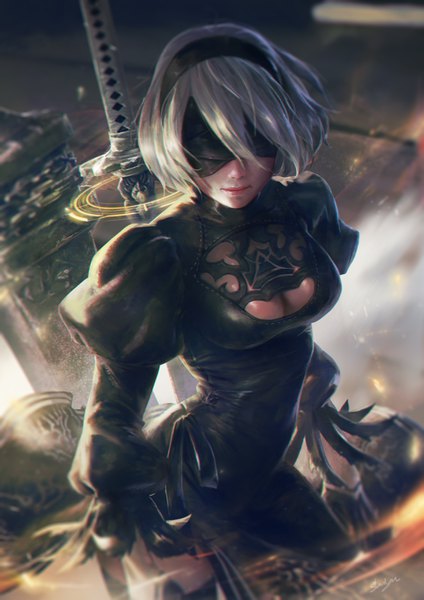 Anime picture 2480x3508 with nier nier:automata yorha no. 2 type b sariya asavametha single tall image looking at viewer fringe highres short hair breasts light erotic standing holding signed cleavage long sleeves from above wind lips