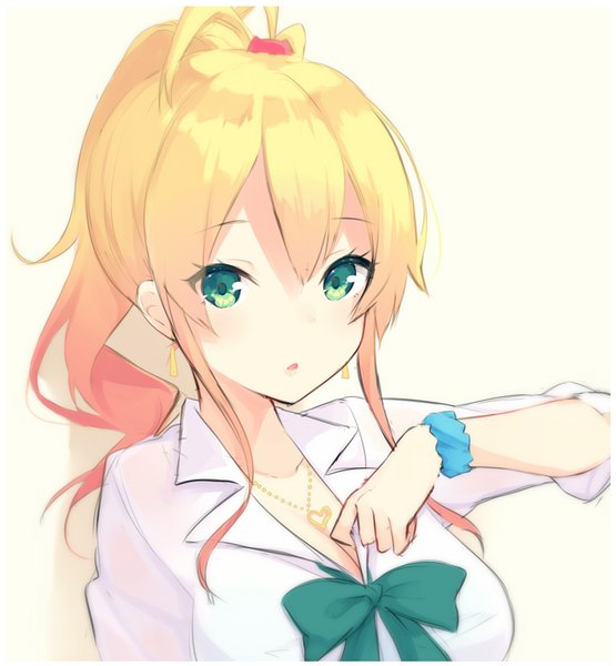 Anime picture 800x865 with hajimete no gal yame yukana mimura zaja single long hair tall image looking at viewer fringe open mouth simple background blonde hair hair between eyes white background green eyes payot cleavage upper body ahoge ponytail wrist scrunchie