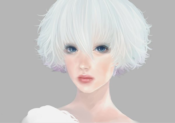 Anime picture 1107x781 with original hanaen single looking at viewer short hair blue eyes simple background white hair lips realistic grey background portrait close-up eyeshadow girl