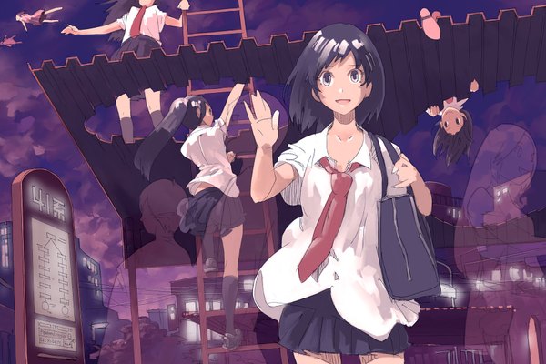 Anime picture 1800x1200 with pomodorosa long hair highres short hair open mouth smile standing purple eyes multiple girls sky cloud (clouds) ponytail pleated skirt wind from behind city soles group cityscape flying