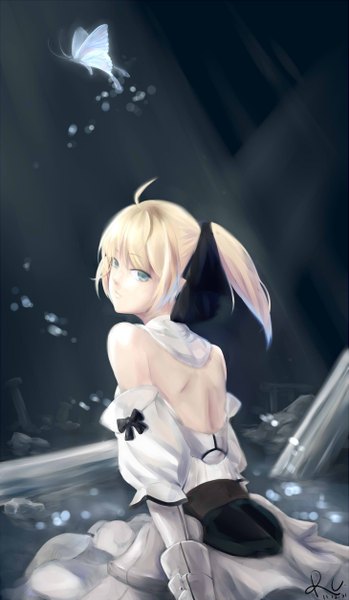 Anime picture 1457x2500 with fate (series) fate/stay night studio deen type-moon artoria pendragon (all) saber lily single long hair tall image blonde hair sitting green eyes ahoge ponytail looking back back ruins girl dress insect