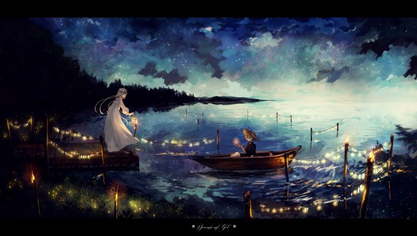 Anime picture 3000x1700 with original kyanarinu long hair fringe highres blue eyes wide image standing sitting holding looking away silver hair braid (braids) barefoot night leaning no shoes night sky reflection girl