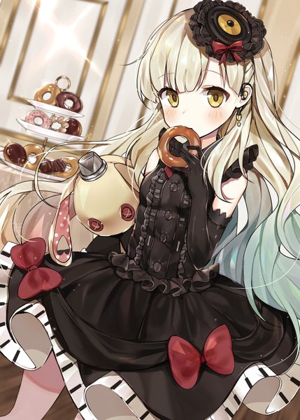 Anime picture 2220x3106 with vocaloid mayu (vocaloid) sabet (young ouo) single long hair tall image blush fringe highres blonde hair yellow eyes blunt bangs gradient hair eating girl dress gloves bow hat earrings