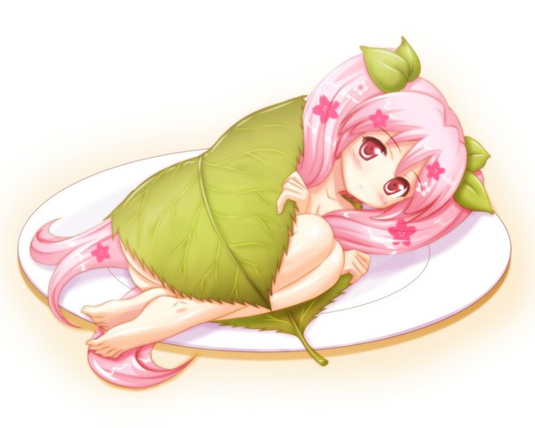 Anime picture 1100x880 with vocaloid hatsune miku sakura miku kishi nisen single long hair blush light erotic red eyes twintails pink hair girl flower (flowers) leaf (leaves) sakura mochi