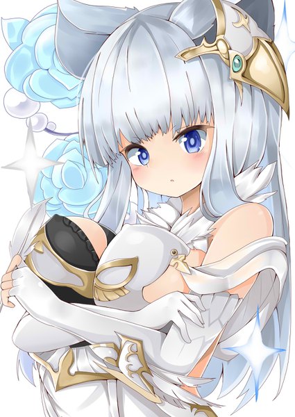 Anime picture 1000x1412 with granblue fantasy korwa (granblue fantasy) hidaka0503 single long hair tall image looking at viewer blush fringe breasts blue eyes light erotic large breasts white background bare shoulders holding animal ears silver hair upper body blunt bangs