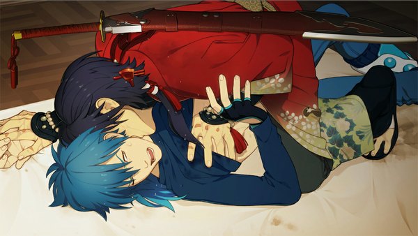 Anime picture 1024x577 with dramatical murder nitro+chiral aoba (dmmd) koujaku tagme (artist) short hair open mouth wide image yellow eyes blue hair lying traditional clothes japanese clothes one eye closed wink multiple boys shounen ai boy weapon sword
