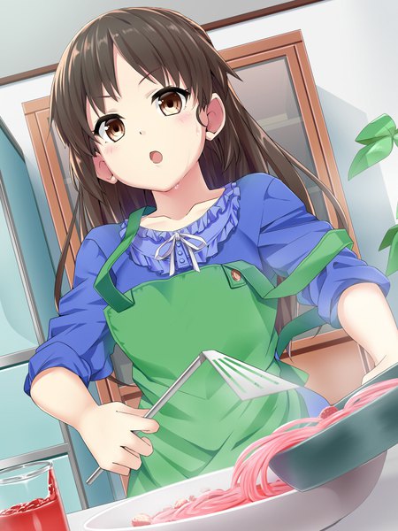 Anime picture 669x891 with idolmaster idolmaster cinderella girls tachibana arisu mizinkoex single long hair tall image blush fringe open mouth brown hair holding brown eyes looking away indoors :o sweat dutch angle sweatdrop steam