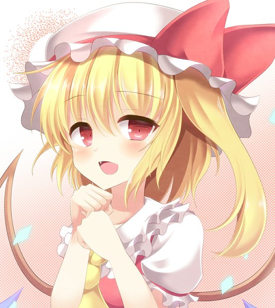 Anime picture 1016x1137 with touhou flandre scarlet aibumi single tall image blush short hair open mouth blonde hair red eyes girl dress wings crystal