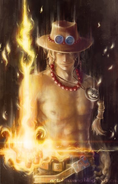 Anime picture 3300x5100 with one piece toei animation portgas d. ace mikaelwang single tall image looking at viewer highres short hair smile brown hair signed absurdres black eyes boy hat belt beads fire