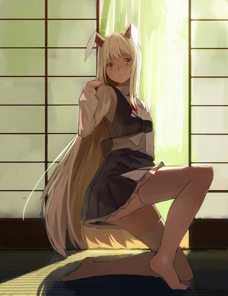 Anime picture 617x800 with touhou reisen udongein inaba yasumo (kuusouorbital) single long hair tall image looking at viewer fringe breasts blonde hair smile animal ears yellow eyes indoors pleated skirt shadow bunny ears no shoes zettai ryouiki dark skin