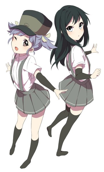Anime picture 881x1449 with kantai collection asashio destroyer ooshio destroyer sekina long hair tall image looking at viewer blush fringe short hair open mouth blue eyes black hair simple background white background twintails multiple girls purple hair one eye closed from above
