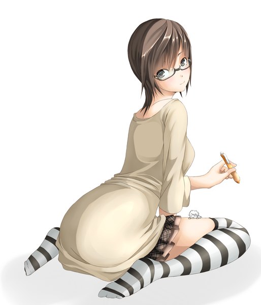 Anime picture 1200x1400 with original ayase tamaki single tall image short hair light erotic black hair simple background white background looking back black eyes girl thighhighs skirt miniskirt glasses sweater striped thighhighs