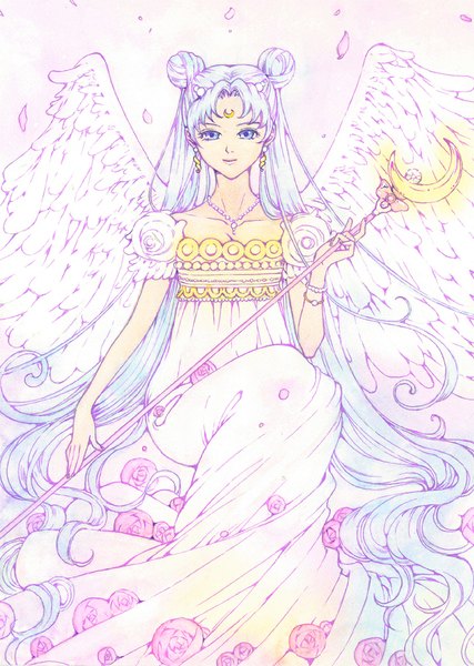 Anime picture 814x1145 with bishoujo senshi sailor moon toei animation tsukino usagi princess serenity sayococco single tall image looking at viewer fringe blue eyes twintails blue hair light smile hair bun (hair buns) angel wings traditional media girl dress flower (flowers) earrings