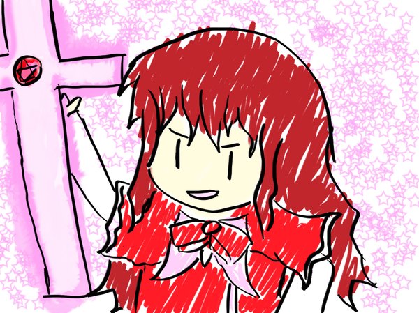 Anime picture 1890x1417 with touhou okazaki yumemi highres red hair hexagram girl bow ribbon (ribbons) bowtie star (symbol) cross star of david