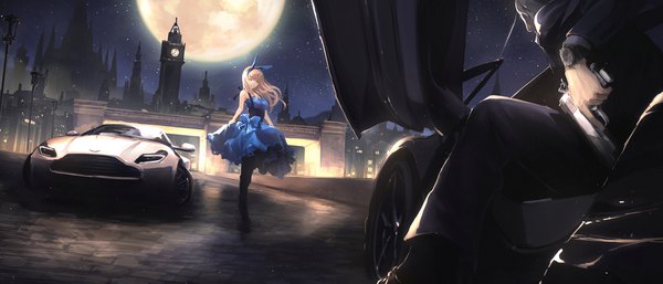 Anime picture 2164x930 with alice in wonderland aston martin ltd alice (wonderland) koh (minagi kou) long hair highres blonde hair wide image yellow eyes sky full body wind night night sky city light cityscape girl dress boy