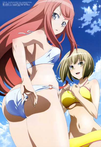 Anime picture 4084x5946 with devil survivor 2 megami magazine ban airi nitta io fukagawa kazumi long hair tall image highres short hair open mouth blue eyes light erotic blonde hair multiple girls yellow eyes pink hair absurdres sky cloud (clouds) ass