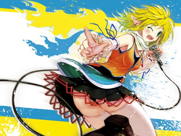 Anime picture 1600x1200 with touhou mizuhashi parsee short hair light erotic blonde hair green eyes one eye closed wink pointy ears pantyshot singing girl thighhighs skirt miniskirt white thighhighs wings microphone