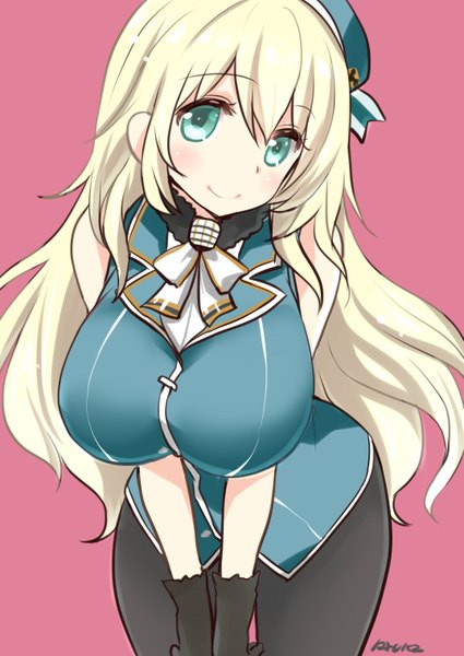 Anime picture 2149x3035 with kantai collection atago heavy cruiser ryuki (ryukisukune) single long hair tall image looking at viewer blush highres breasts light erotic simple background blonde hair smile large breasts signed aqua eyes pink background girl dress