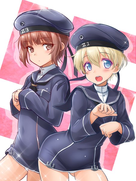 Anime picture 909x1200 with kantai collection z3 destroyer (max schultz) z1 destroyer (leberecht maass) okitakung tall image looking at viewer blush short hair open mouth blue eyes light erotic blonde hair brown hair multiple girls brown eyes sparkle pantyshot girl dress underwear