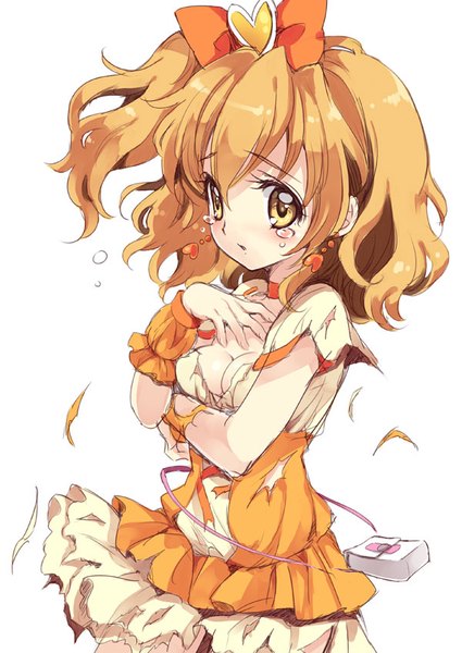Anime picture 600x847 with precure fresh precure! toei animation yamabuki inori cure pine yukiwo single tall image blush short hair breasts light erotic blonde hair simple background white background yellow eyes cleavage from above tears one side up
