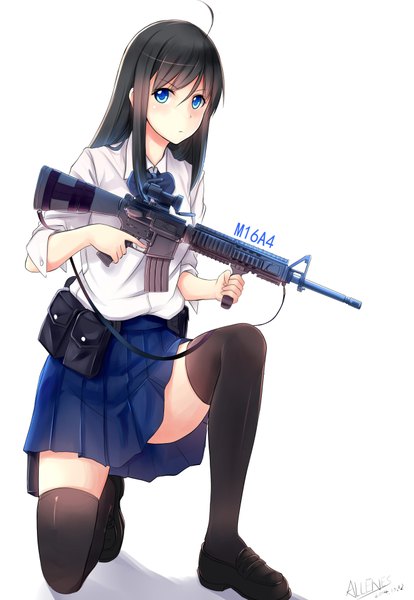 Anime picture 2641x3823 with original allenes single long hair tall image looking at viewer blush highres blue eyes black hair simple background white background ahoge girl thighhighs skirt weapon black thighhighs shirt bowtie