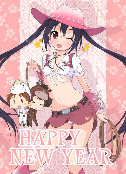 Anime picture 1200x1650 with k-on! kyoto animation nakano azusa hirasawa ui suzuki jun k10k long hair tall image blush open mouth light erotic black hair red eyes twintails one eye closed wink midriff pantyshot chibi happy new year