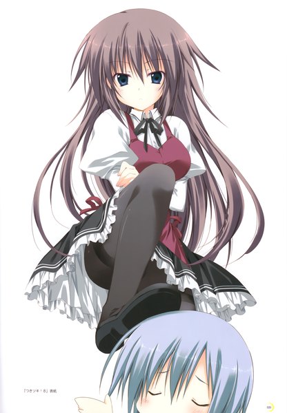 Anime picture 2410x3474 with korie riko long hair tall image highres blue eyes simple background brown hair white background eyes closed scan legs girl boy uniform school uniform pantyhose