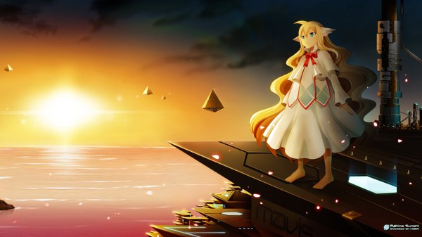 Anime picture 1920x1080 with fairy tail mavis vermillion makino sunohi single highres blonde hair wide image very long hair barefoot aqua eyes evening light sunset head wings girl dress