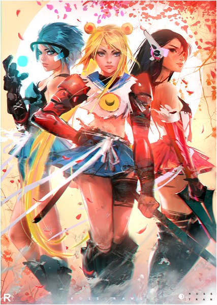 Anime picture 750x1054 with bishoujo senshi sailor moon toei animation tsukino usagi sailor moon mizuno ami hino rei sailor mars sailor mercury rossdraws (ross tran) long hair tall image short hair blue eyes black hair blonde hair twintails bare shoulders multiple girls signed blue hair