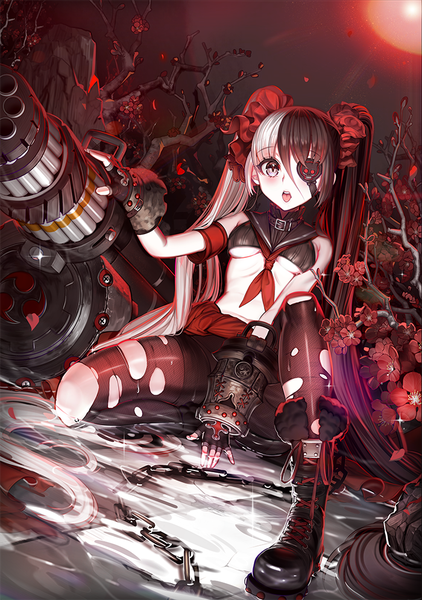 Anime picture 700x996 with blade & soul po hwa ran (blade & soul) honnou (kjs9504) single tall image looking at viewer fringe light erotic black hair hair between eyes sitting twintails bent knee (knees) white hair very long hair multicolored hair night two-tone hair sparkle grey eyes