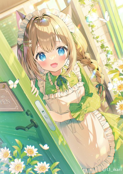 Anime picture 1447x2046 with original ikari (aor3507) single long hair tall image looking at viewer blush open mouth blue eyes brown hair signed animal ears braid (braids) :d maid twitter username twin braids girl uniform flower (flowers)