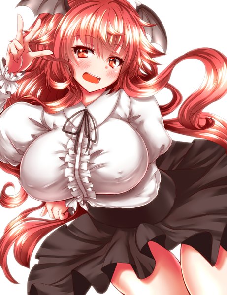 Anime picture 1000x1300 with touhou koakuma zan (harukahime) single long hair tall image looking at viewer blush fringe breasts open mouth light erotic simple background hair between eyes red eyes white background red hair huge breasts thigh gap victory